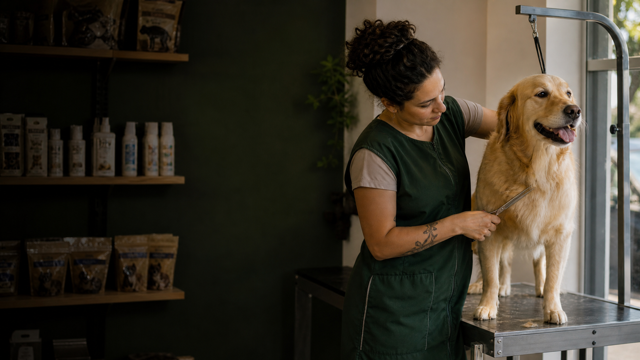 Banho e tosa no PetShop Rio Branco — tosadora cuidando de um cachorro dourado